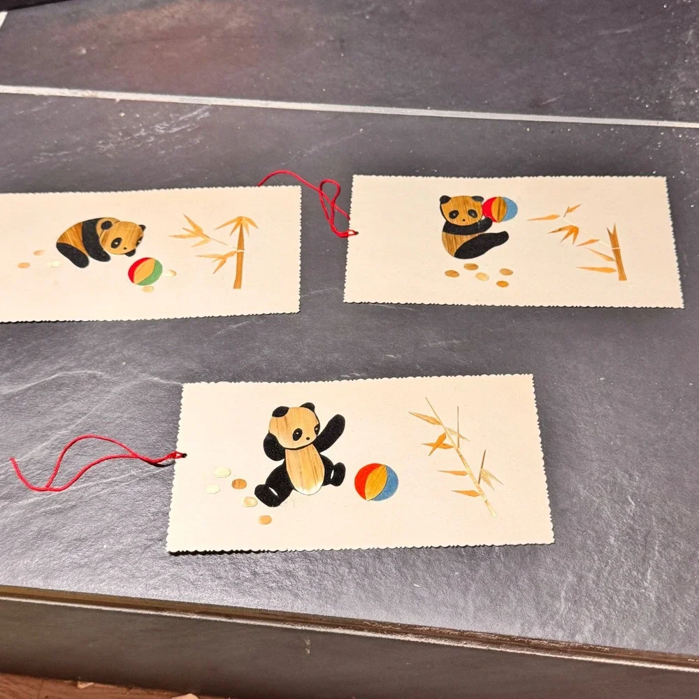 New Handcrafted Quilled Vintage Panda Bear Bamboo Straw Art‎ Bookmarks Set of 3